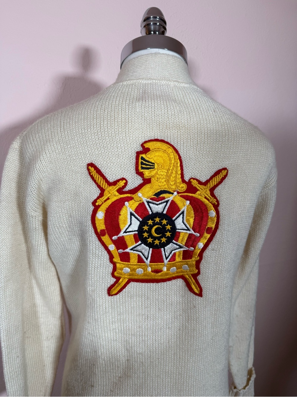 Vintage 1950’s cream 100% wool Letterman’s cardigan sweater red Knight Medium